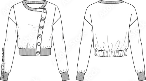 Women asymmetrical button cardigan technical fashion illustration front back view CAD flat vector cropped sweater design outline apparel sewing pattern