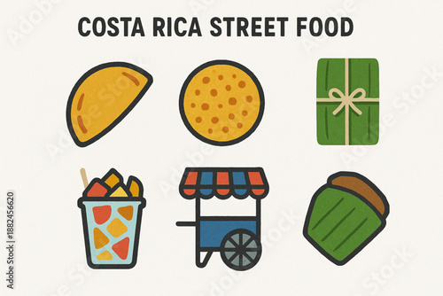 Costa Rica Street Food Icon Grid with Traditional Snacks and Textured Vector Style