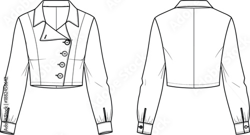 Women cropped jacket technical fashion flat sketch front and back view long sleeve apparel design vector illustration for clothing manufacturing