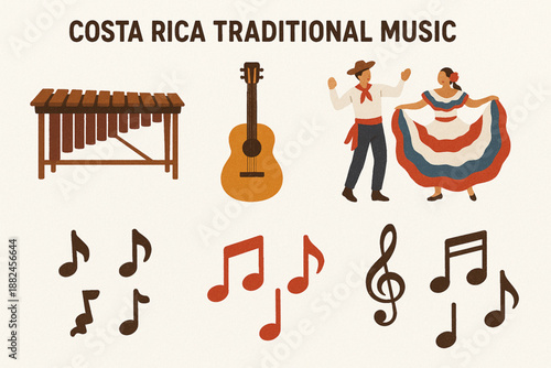 Costa Rica Traditional Music Icon Grid with Folk Instruments and Textured Vector Style