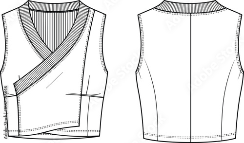Women asymmetrical wrap vest technical fashion illustration front back view CAD flat vector sleeveless top outline sewing pattern design template