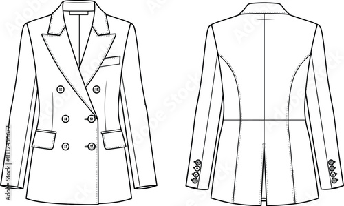Women double breasted tailored coat technical fashion flat sketch front and back view apparel design vector illustration for clothing manufacturing