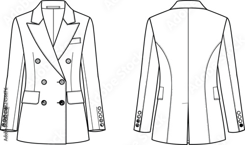 Women double breasted long blazer technical fashion illustration front back view CAD flat vector tailored jacket apparel outline sewing pattern