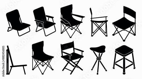 Collection of various folding chairs and stools for outdoor activities and camping.