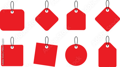 Eight distinct red price tags with black strings attached show different shapes ready for retail labeling