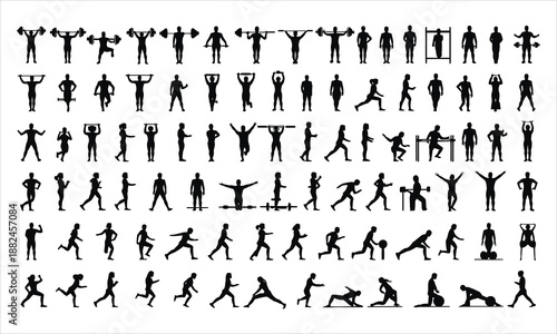 Extensive collection of diverse male and female silhouettes performing various fitness activities and gym workouts