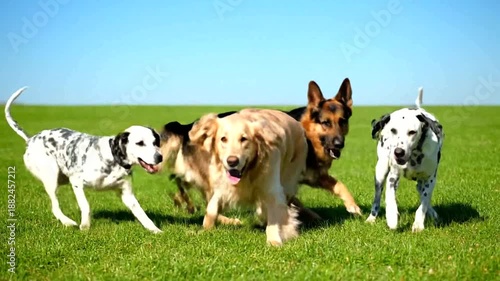 Happy dogs playing and posing on green grass under blue sky.