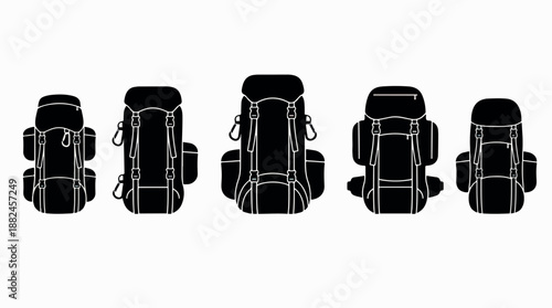 Collection of various hiking backpacks in silhouette style.