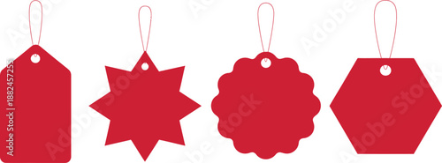 Four distinct red price tags with matching red strings attached display unique shapes for retail use