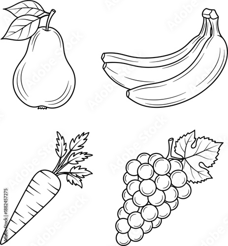 Professional hand-drawn vector collection of orchard fruits and garden vegetables including a pear bananas a carrot and a bunch of grapes.