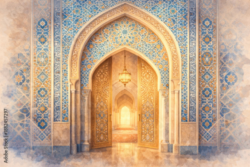 Ornate golden doors open to a sunlit hallway with intricate blue and gold mosaic patterns