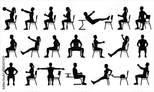 People performing various seated exercises using chairs for physical therapy and fitness routines