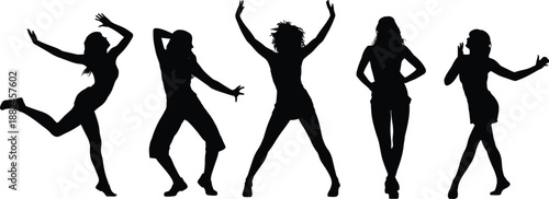 Women dancing silhouettes expressing freedom energy movement, modern dance poses, female performers isolated on white background illustration
