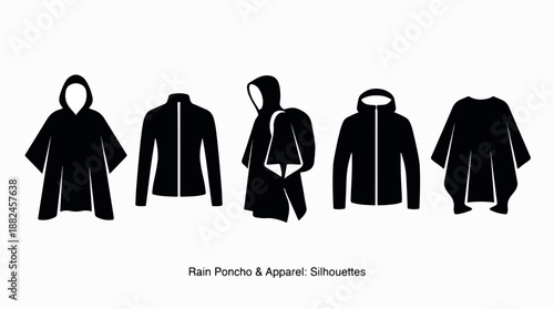 Collection of various rain ponchos and apparel silhouettes for weather protection.