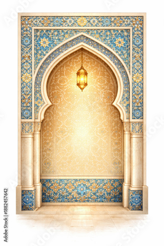 Ornate Islamic Archway with Hanging Lantern and Intricate Blue and Gold Tilework oriental