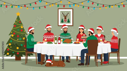 Happy family eating Christmas dinner together at table with turkey and tree, festive holiday celebration scene, flat vector illustration