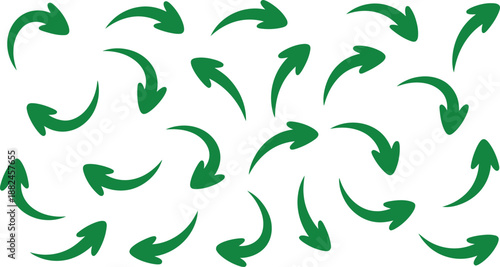 A collection of green curved arrows pointing in various directions on a clean white background