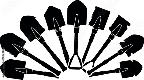 Collection of various shovel types arranged in a semicircular pattern.