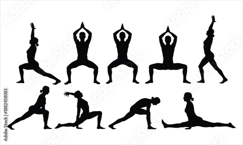 A comprehensive set of black silhouettes illustrating various dynamic yoga and fitness poses