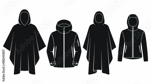 Set of black rain ponchos and jackets for outdoor activities.