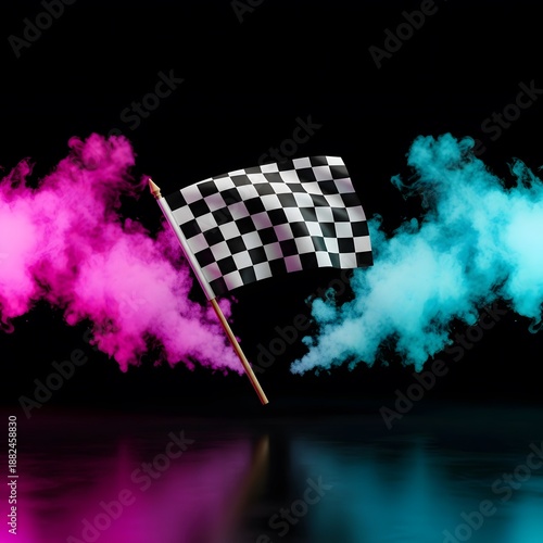 Checkered Racing Finish Flag with Vibrant Pink and Cyan Smoke Clouds on Black Reflective Background