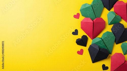 Wallpaper Mural A vibrant display of paper hearts in green, black, and red on a yellow backdrop, symbolizing unity and freedom commemorating Juneteenth Torontodigital.ca