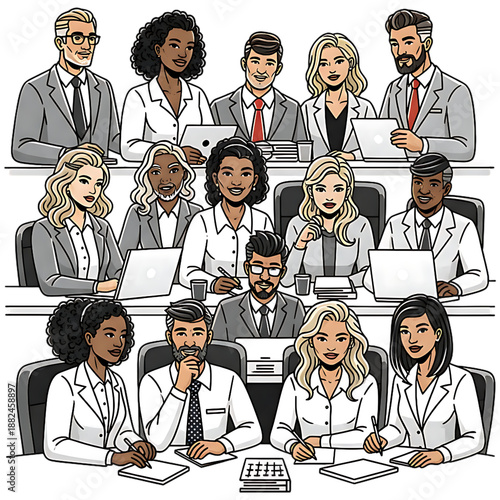 Boardroom Meeting: A stylized illustration capturing a diverse group of business professionals engaged in a focused meeting, showcasing collaboration and strategic discussion.
