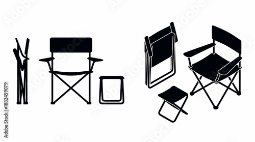 Set of camping chairs and stools in various states of assembly and perspective.