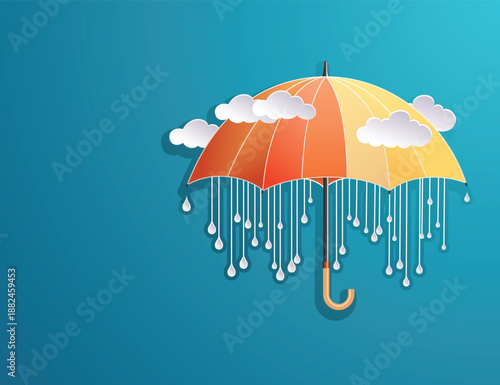 umbrella and paper lighting cloud on blue background, flat lay