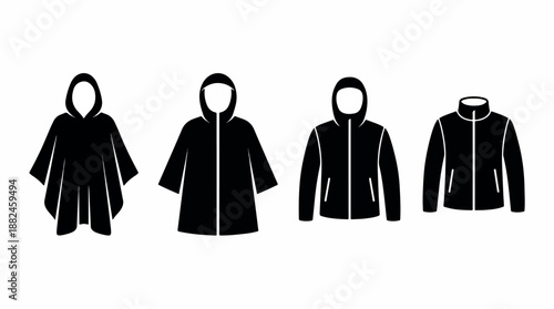 Set of four black silhouettes of various raincoats and jackets ideal for weather protection.