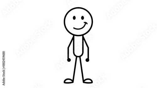 Simple stick figure waving hello with a happy smile on white background.