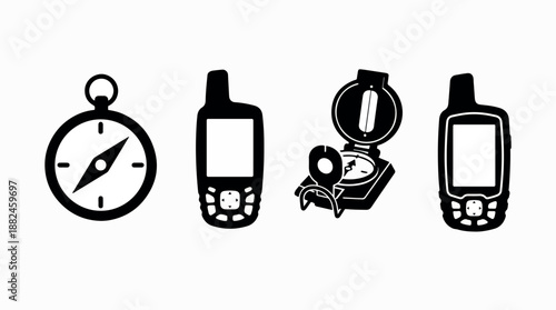 Set of four navigation tools two compasses and two GPS devices.