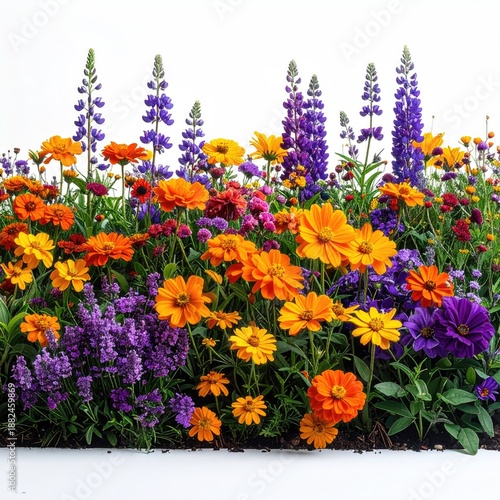 Vivid field of colorful summer blooms against white