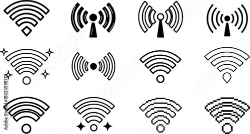 Diverse wifi icons set: hand drawn and pixel art styles for connectivity design
