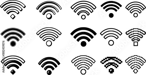 Diverse wifi icons set: hand drawn and pixel art styles for connectivity design
