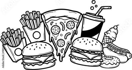 Doodle fast food icons featuring pizza, burgers, and soda
