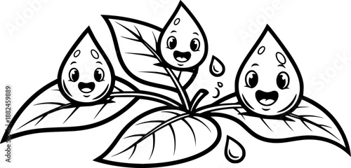 Cute cartoon water drops with happy faces on leaves in black and white
