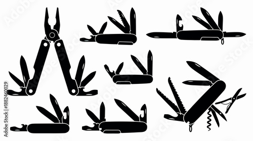 Set of various multitool knives and pliers in silhouette.
