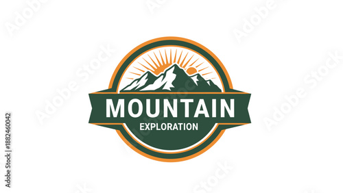 Mountain Exploration Emblem with Majestic Peaks and Sunrise.