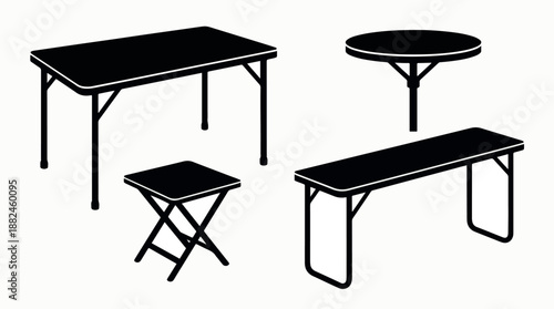 Set of various portable folding tables and chairs for outdoor activities.
