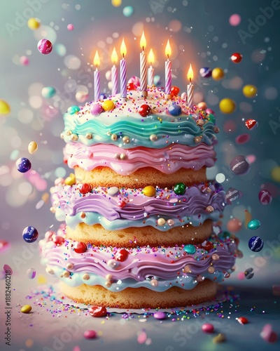 Colorful Celebration Cake with Candles and Sprinkles