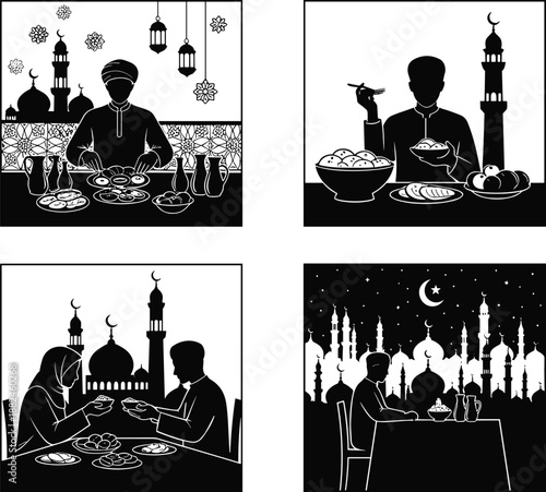 Ramadan iftar illustration set with Muslim people eating, mosque silhouettes, lanterns, traditional food, festive Islamic artwork for holy month celebrations