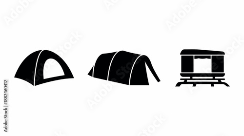 Three distinct black silhouettes of camping shelters on a white background.
