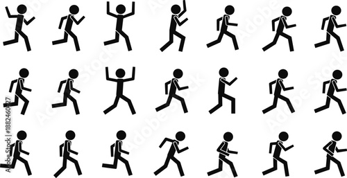 Running stick figure animation sequence showing movement cycle, walking and jogging poses for motion design, fitness activity illustration and character action frames