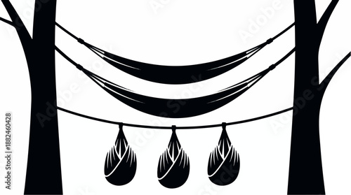 Two hammocks and three hanging pods suspended between two trees.