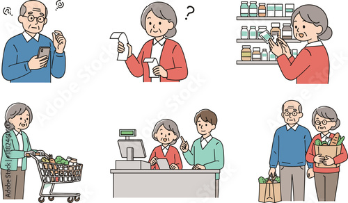 Senior adults shopping and using technology in grocery store, checking receipts, buying products, seeking help and managing daily tasks in lifestyle illustration