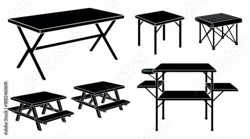 Various portable camping tables and picnic benches for outdoor activities.