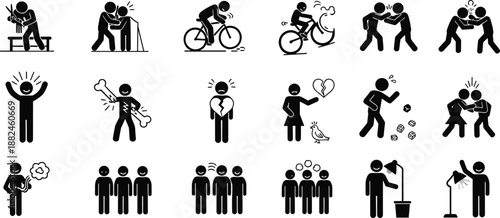 Set of black stick figure icons illustrating emotions, conflict, teamwork, relationships, physical activities, communication, stress, sadness, happiness and social interactions