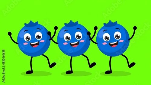 Three cheerful animated blueberries dancing and holding hands on green screen.
