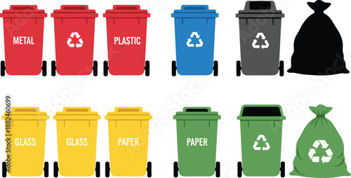 Set of colorful recycling bins for metal, plastic, glass, and paper waste with garbage bags, eco sorting icons, and waste management symbols